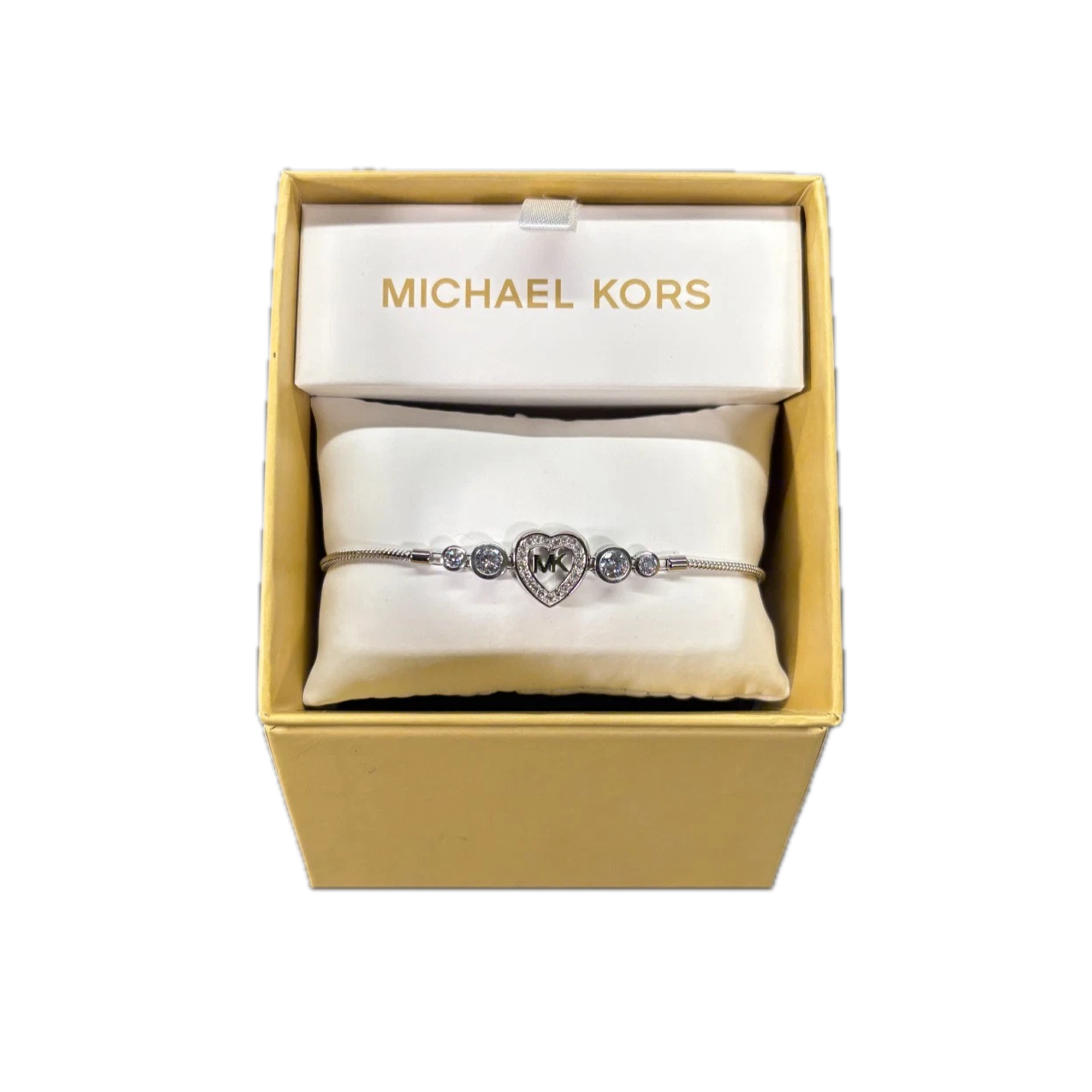 MICHAEL KORS Silver Tone Crystal Pave' Heart Logo Slider Bracelet