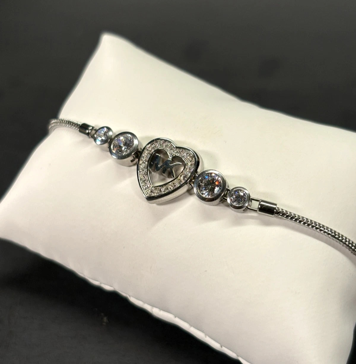 MICHAEL KORS Silver Tone Crystal Pave' Heart Logo Slider Bracelet
