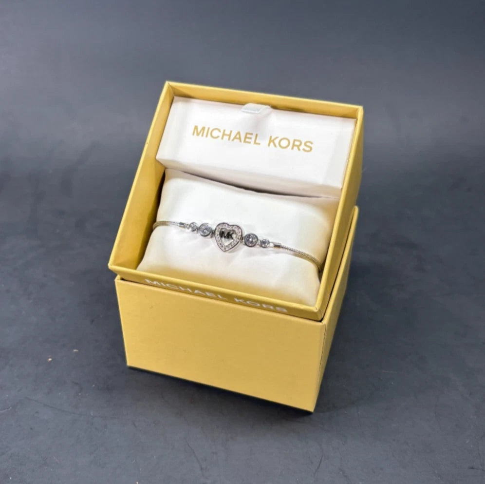 MICHAEL KORS Silver Tone Crystal Pave' Heart Logo Slider Bracelet